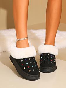 Women's Rhinestone Decor Plush Ankle Boots, Casual Warm Round Toe Snow Boots for Winter, Fluffy All-match Trendy Boots for Daily Wear for Women & Girls