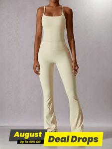 Two-piece Set Solid Criss Cross Backless Cami Top & Flared Tall Leggings Psg Tracksuit Set, Spaghetti Strap Top & Ruched Skinny Pants for Yoga Gym, Quick Drying Activewear, Yoga Wear Fitness, Athleisure Wear, Yoga Lounge Suit, Yoga Clothes, Gymwear