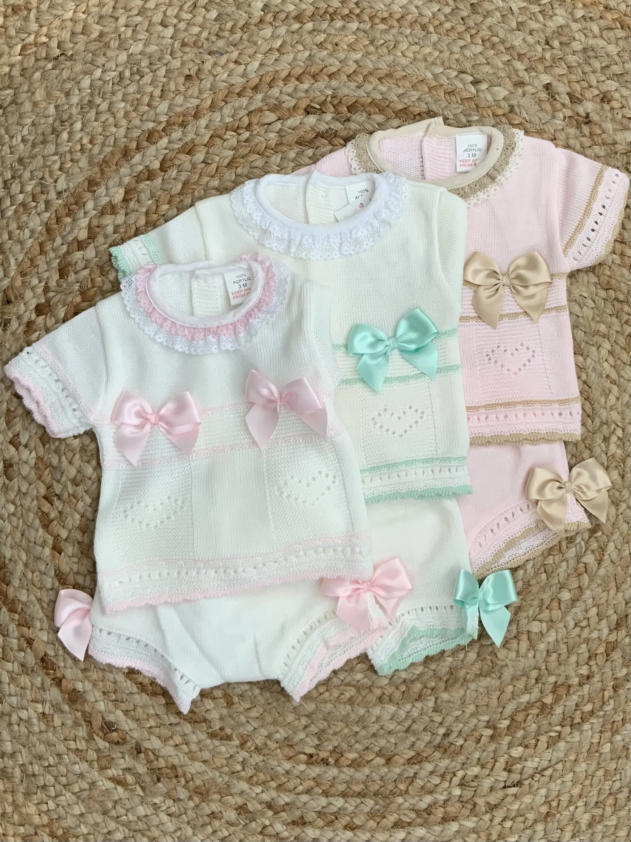 PRISCILLA knitted baby girls jam pants knitted top bows pink mint beige lemon
