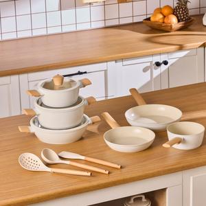 Karaca Swiss Crystal Almond Cream 12-Piece Non-Stick Induction Ceramic Cookware Set, Cream