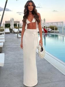 Two-piece Set Women's Plain Backless Sleeveless Halter Crop Top & Flower Decor Split Hem Sweater Skirt, Casual Fashion Cozy Knitwear Set for Daily Outdoor Wear, Ladies Clothes for All Seasons, Going Out Sets, Womenswear