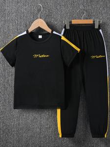 Two-piece Set Boy's Letter Print Short Sleeve Tee &  Jogger Pants Set, Casual Round Neck T-shirt & Sweatpants, Summer Clothes for Kids Outdoor Sports