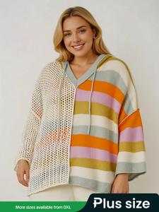 【Plus Size 】 Colorblock Striped Long Sleeve Sweater, Casual V Neck Jumper for Spring & Fall, Women's Clothing for Daily Wear