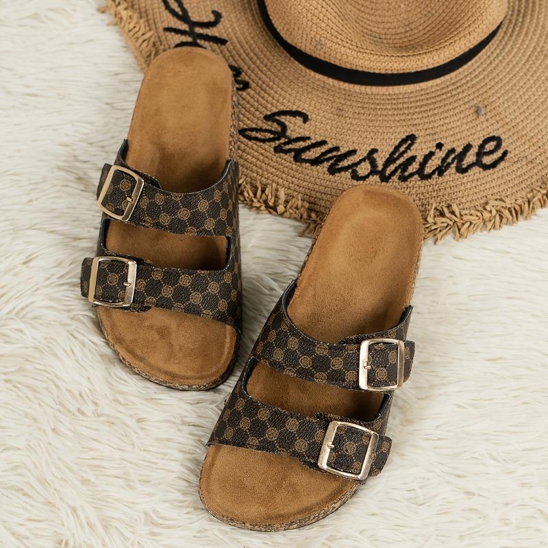 Product Introduction of Women's Summer Slide Sandals - Comfortable Double Buckle, Flat Sole Beach Shoes with PU Cover & Fabric Lining Footwear Girl Light Brown-1 2