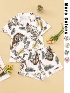 Two-piece Set Women's Animal Print Pyjama Set, Casual Soft Button Front Lapel Top & Shorts Loungewear Set, Summer Sleepwear Set for Ladies, Pajamas