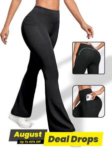 Women's Plain High Waist Flare Leg Sports Pants, Casual Sporty Comfy Pocket Design Bell Bottom Trousers for Yoga Gym Workout Running, Airport Outfit, Ladies Sportswear Lounge Outfit for All Seasons, Gym Sportswear Bottoms, Yoga Training Pants