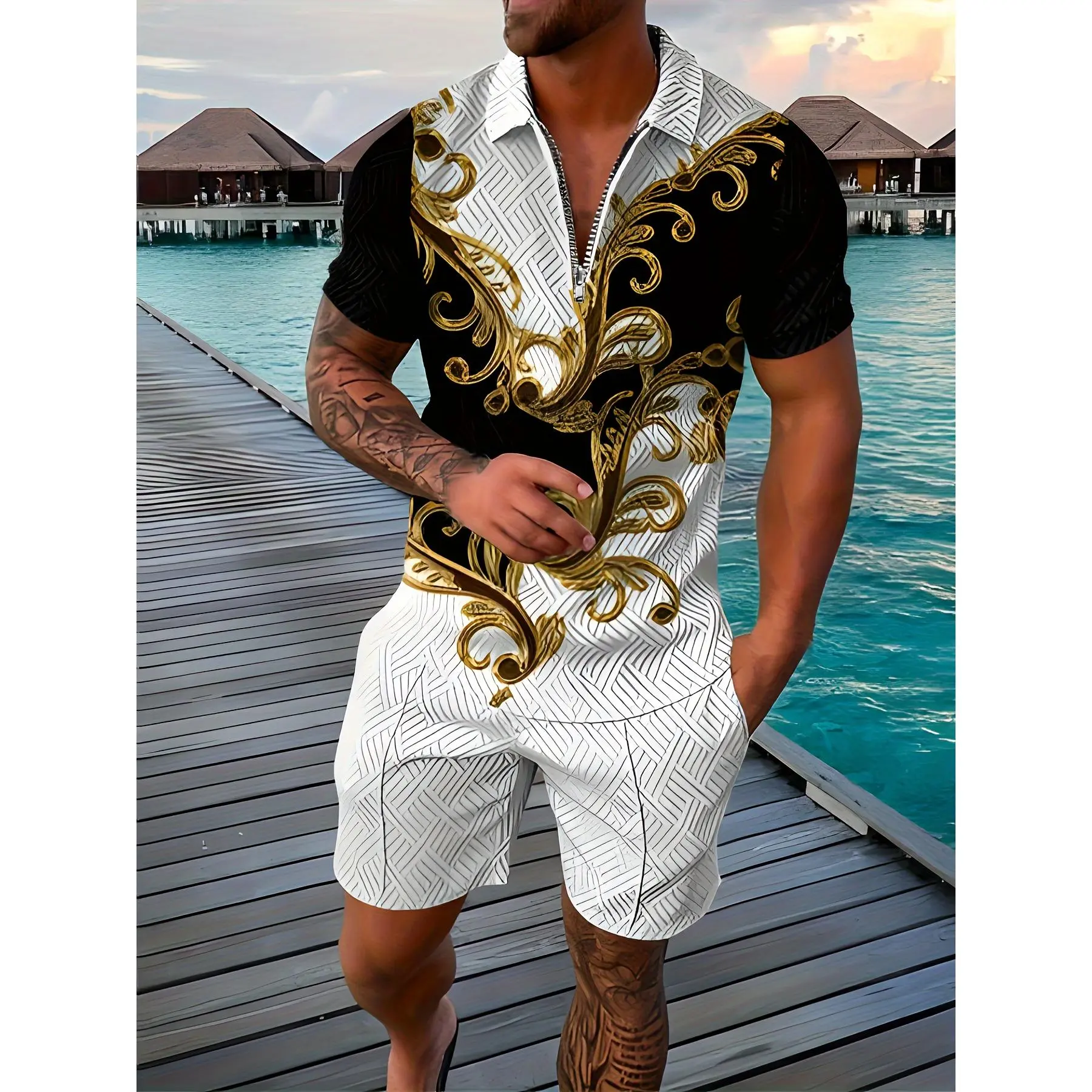 [Luxury Men's Outfits] 2pcs Luxury Men's Outfits, Lapel Shirt & Shorts Set - Casual Short Sleeve Lapel Shirt And Loose Drawstring Shorts Set, Men's Clothing