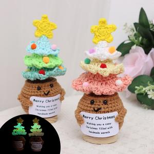 Handmade Crochet Luminous Christmas Tree Potted with Card for Xmas Party Decor Gift for Adult and Kids