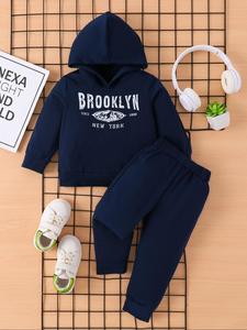 Two-Piece Set Toddler Boy's Letter Print Hoodie & Elastic Waist Sweatpants, Casual Long Sleeve Hooded Sweatshirt & Jogger Pants for Fall & Winter, Kids Clothes for Daily Wear