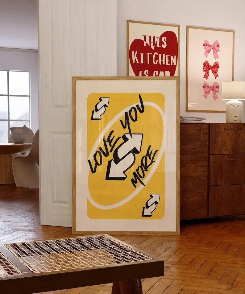 Love You More Poster, Yellow Retro Wall Art Printable, Playing Card Wall Art, Valentines Day Preppy Wall Decor, Trendy Wall Art