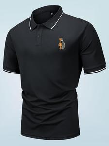 Men's Cartoon Bear Print Contrast Binding Polo Shirt, Regular Fit Summer Clothes, Short Sleeve Button Front Top For Summer, Men's Clothes For Outdoor Wear