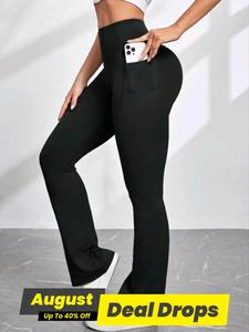 Women's Plain High Waist Flare Leg Pants, Casual Pocket Design Sports Tummy Control Gym Leggings for Yoga Gym Workout, Exercise Bell Bottom Skinny Pants, Women Workout Clothes, Athletic Bottoms, Flared Yoga Pants, Sporty Leggings
