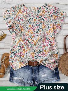 【Plus Size】 Floral Print Crewneck Top, Casual Round Neck Top for Daily Wear, Women's Plus Clothing for All Seasons, Blouse, Soft Top Women, Summer Clothes Women, Plus Size Shortsleeve Clothes Women, Boho Casual Top, Casual Boho Blouses