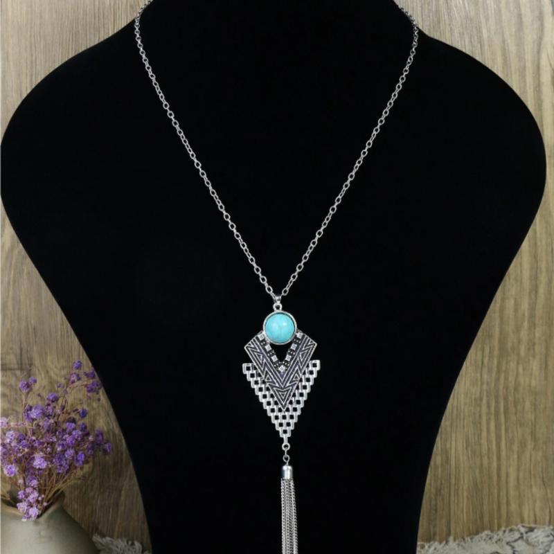Turquoise Decor Geometric & Metal Tassel Charm Necklace 2