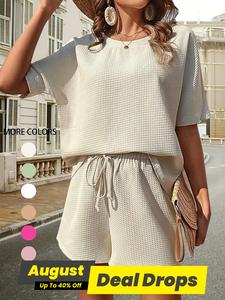 Two-Piece Set Women's Plain Waffle Round Neck T-shirt & Shorts Set, Casual Batwing Sleeve Tee & Drawstring Waist Shorts, Summer Outfits 2024, Women's Summer Clothes
