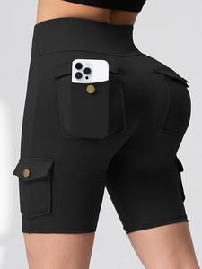 Women's Solid Color Pocket Design Skinny Shorts, Slim Fit Casual Comfy Breathable Minimalist Shorts for Daily Wear, Athletic Womenswear, Activewear, Gymshorts, Workout Gym Shorts, Summer Sports Shorts, Sports Yoga Shorts, Gym Exercise Activewear