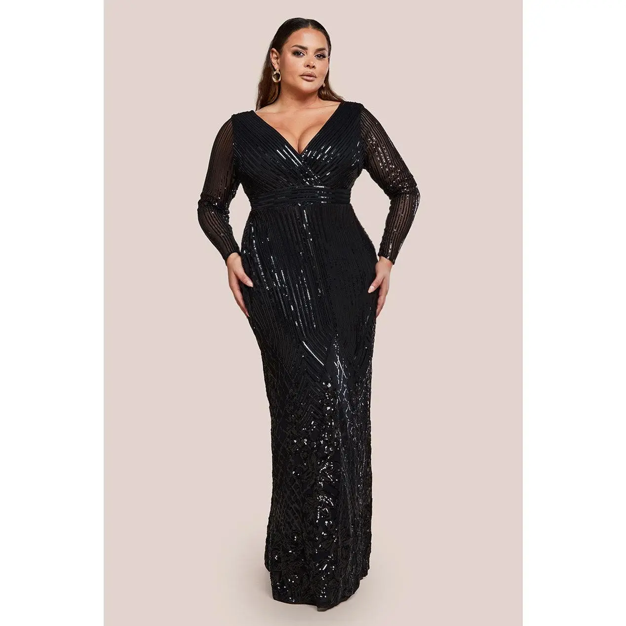 Goddiva Plus Long Sleeve Sequin V Wrap Maxi Dress - Black