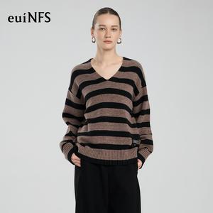【euiNFS】Relaxed Fit V-Neck Striped Knit Sweater – Soft Textured, Casual Chic, Lightweight Long Sleeve Pullover【E733212】