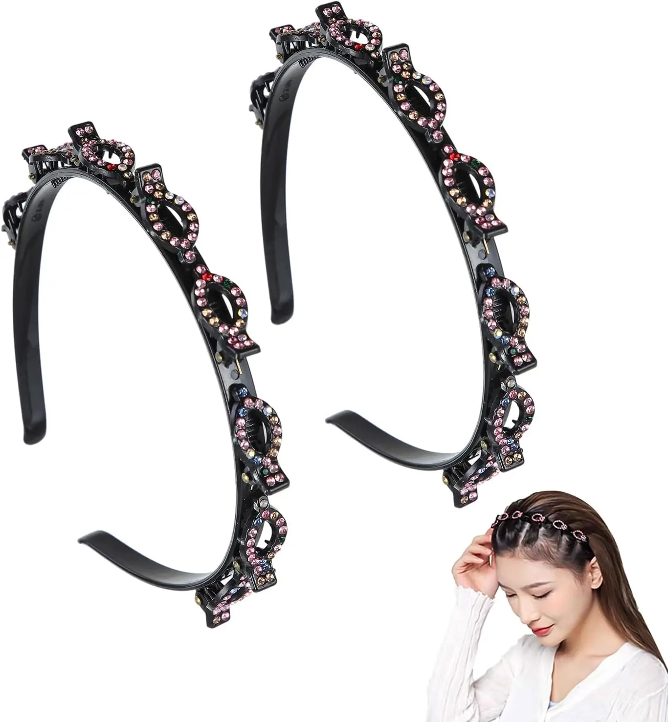 Double Bangs Hairstyle Hairpin 2Pcs Colored Rhinestones Hairpin Headbands Twist And Hair Clip Headband Hairpin Hair Bands Teeth Comb Hair Hoop Double Layer Twist Plait Headband with Clips for Women
