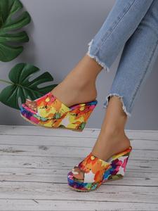 Women's Stylish Elegant Floral Print Slip-on Wedge Sandals, Toe Sandals for Women, 1 Pair Boho Style Fashionable Wedge Sandals for Summer, Casual Comfortable Platform Shoes for Daily Wear, High Wedge Heels