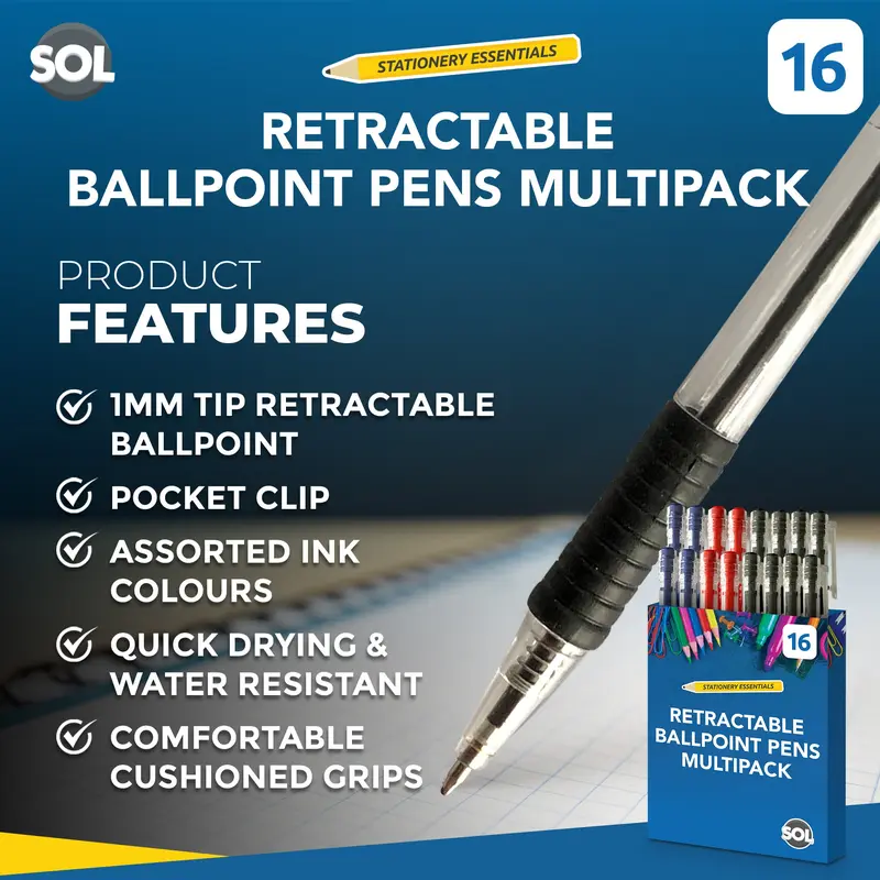 16-64 Blue Red Black Retractable Ballpoint Pens Biros 1.0mm Ink Smooth Grip Tip 8
