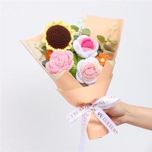Handmade Crochet Sunflower Rose Flower Bouquet for Mom Teacher Graduation Day