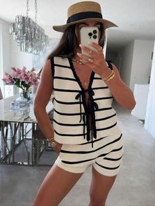 Women's Striped Print Tanktop & Shorts Set, Casual Fitted Vneck Sleeveless Top & Shorts for Summer, Ladies Clothes for Daily Wear, Womenswear, Two Piece Set Women, Summer Outfit Set