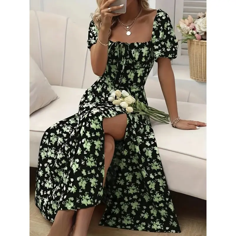 Floral Print Puff Sleeve Dress, Chic Split Hem A-line Dress For Spring & Summer, Women's Clothing Casual Womenswear Comfort Bohemian Boho Fitted Multicolor Shortsleeve Formal 2