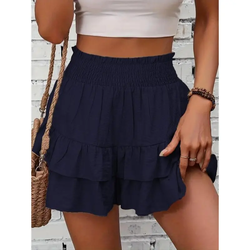 Women's Frill Trim Ruffle Hem Shirred Shorts, Boho Casual Shorts for Spring & Summer, Summer Shorts for Women, Back To School, Ladies Elegance Minimalist Shorts, Wide Leg Shorts for Women, Ruffle Shorts, Going Out Bottoms Womenswear Comfort Basic 3