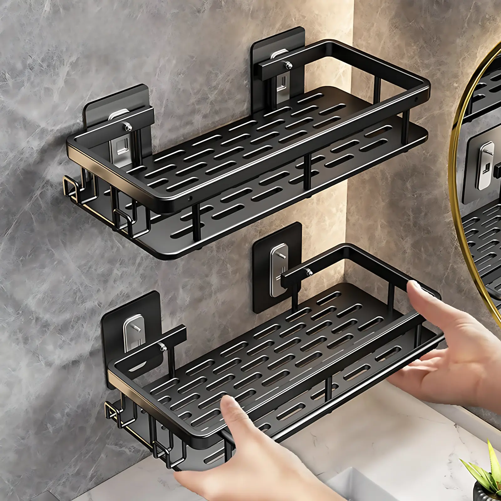 Ras No Drill Wall Mounted Bathroom Shelf for Shower and Toilet Storage, Aluminum Rack for Shampoo Bottles and Accessories