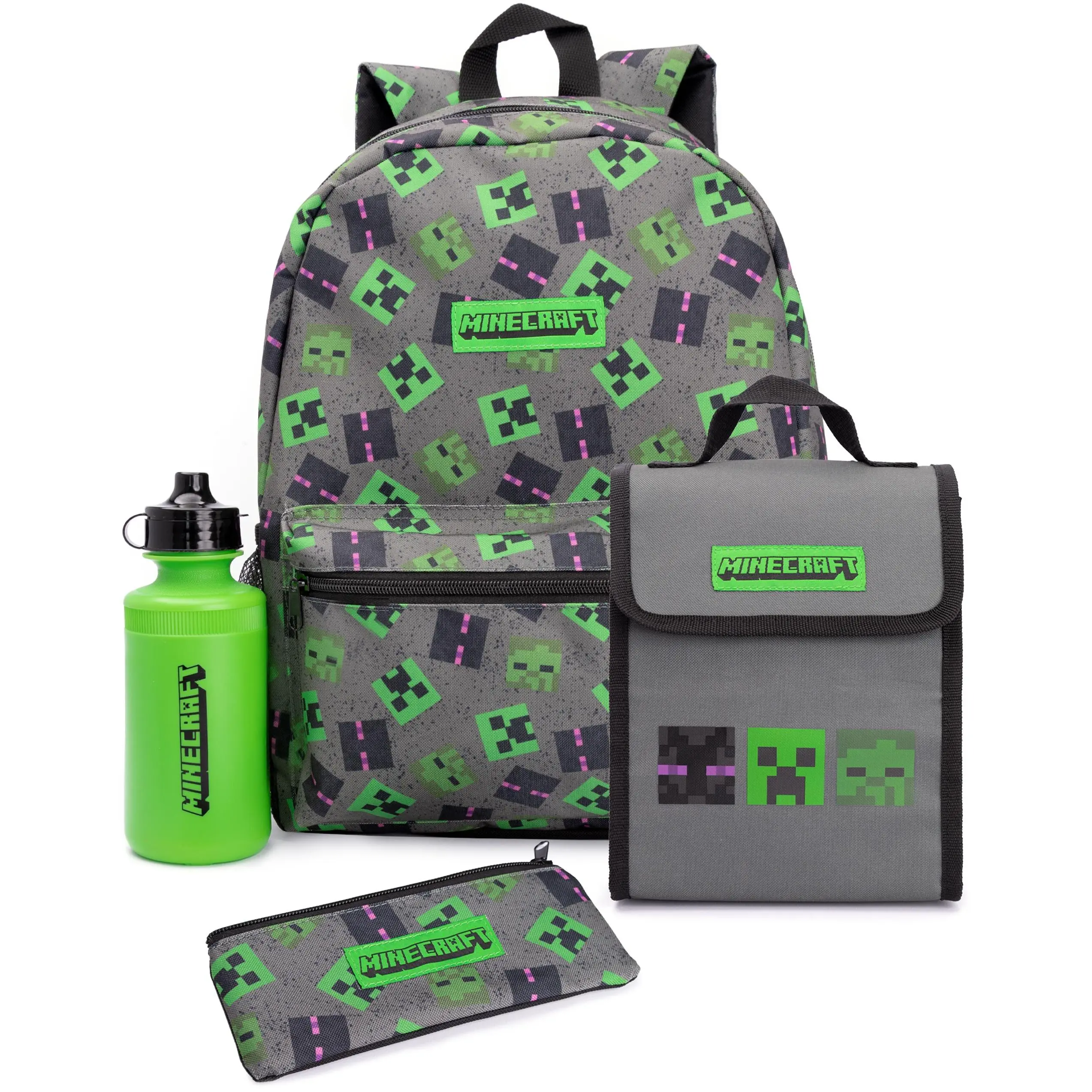 Vanilla Underground x Minecraft Boys Grey Creeper 4 Piece Backpack Set (One Size)