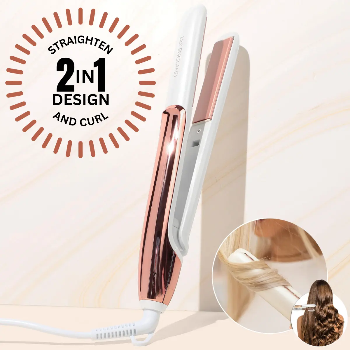 Lily England Deluxe Hair Straighteners - Ceramic 2 in 1 Flat Iron Hair Straightener & Curler - Adjustable Temperature & Fast Heating Plates - Dual Voltage