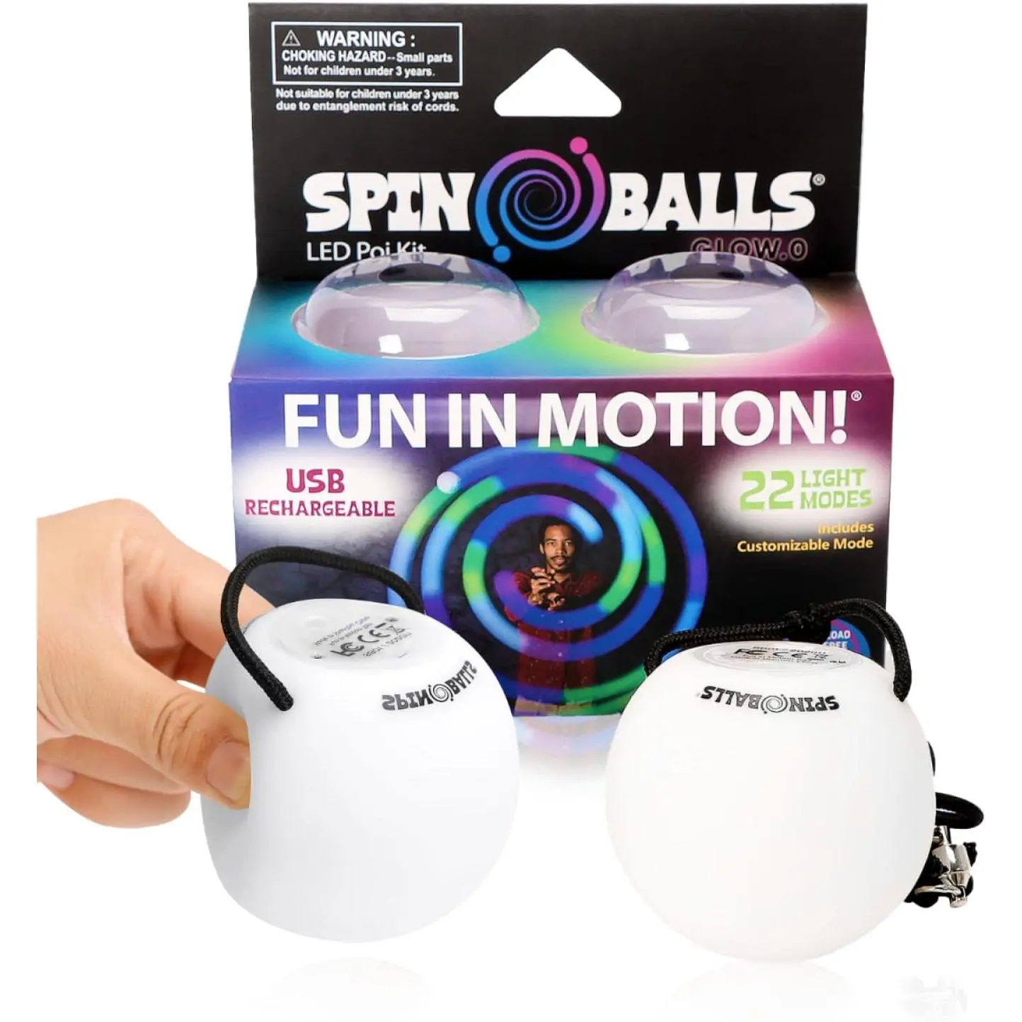 Spinballs LED Poi Balls Glow.0 – USB Rechargeable LED Poi Spinners – 22 Vibrant Color Light Modes and Patterns – Lightweight, Soft-Core LED Poi Spinning Balls with Adjustable Double-Loop Leashes