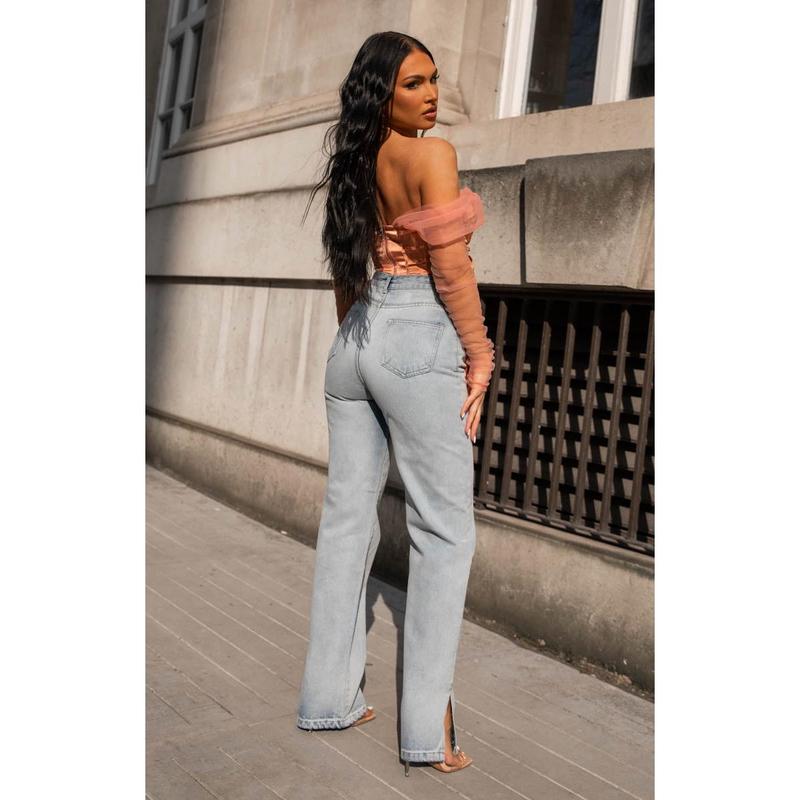 Blue Acid Wash High Waisted Straight Leg Side Split Jeans - Lexie 1