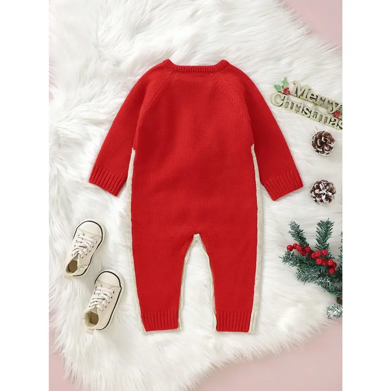 Baby Boy Cartoon Pattern Button Detail Raglan Sleeve Knit Jumpsuit for Christmas 1