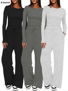 Women's Solid Ruched Drawstring Loungewear Set, Casual Long Sleeve Round Neck Top & Pocket Wide Leg Trousers, Ladies Sleepwear for All Seasons, Pjs