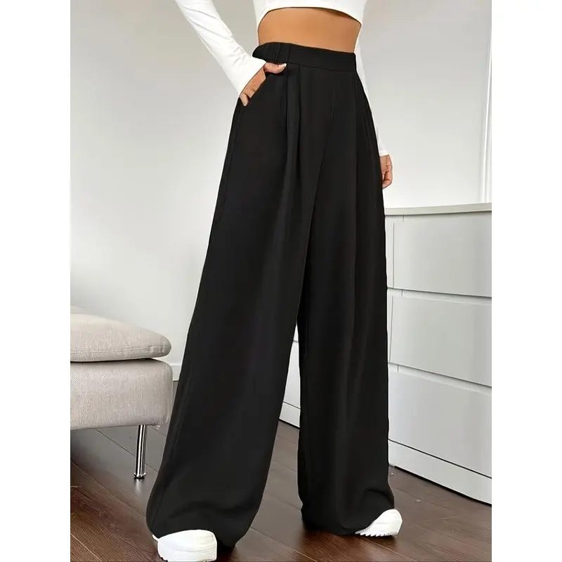 Women's Solid Pocket Elastic Waist Wide Leg Pants, Casual Comfy Trousers for Daily Wear, Trousers for Women, Ladies Bottoms for All Seasons Womenswear Comfort Basic Minimalist Black 3