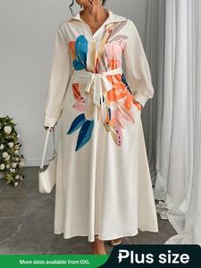 【Plus Size】floral Print Belted Long Sleeve Maxi Dress, Elegant Collared Long Dress for Spring & Fall, Women's Clothes for Daily Wear, Modest Style Dress, Plus Size Dresses, Maxi Slip Dress