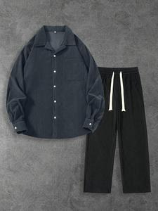 Men's Solid Color Corduroy Shirt & Pants Set, Loose Casual Long Sleeve Button Top & Trousers, Men's Spring & Fall Clothes