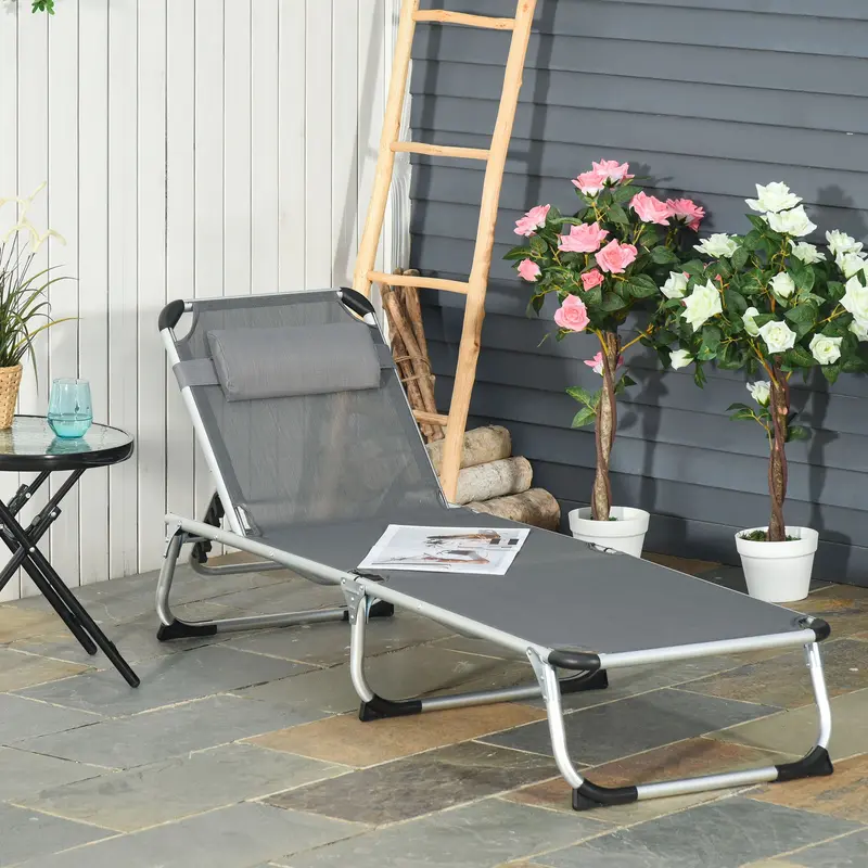 Outsunny Foldable Outdoor Sun Lounger, Reclining Lounge Chair Camping Bed Cot with Pillow 4-Level Adjustable Back Aluminium Frame, Dark Grey 1