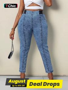 【Plus Size】 Solid High Waist Skinny Jeans, Casual Pocket Design Denim Trousers for Daily Wear, Women's Bottoms for Summer, Womenswear, Skinnies Jeans, Fashion Pants, Streetwear