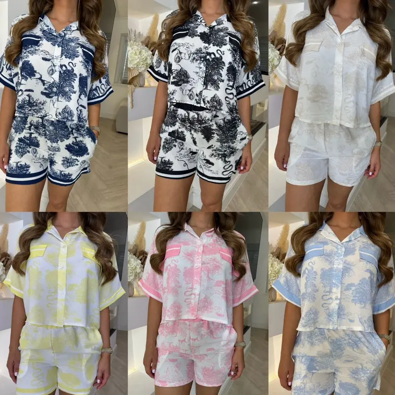 Oriental Print Silky Shirt & Shorts Set 1