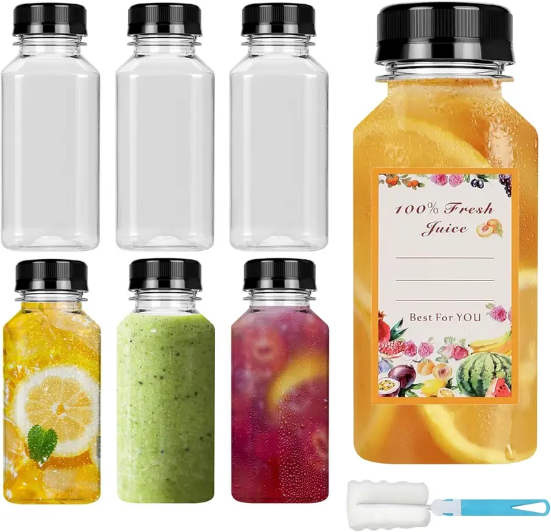 250ml Plastic Juice Bottles 6Pcs - Reusable PET Drink Bottles With Lids 0