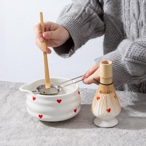 Cute Heart Pattern Ceramic Matcha Set, 5pcs/set Including Matcha Bowl & Whisk & Filter & Tea Scoop & Tea Canister, Tea Making Tool for Home Office, Kitchenware