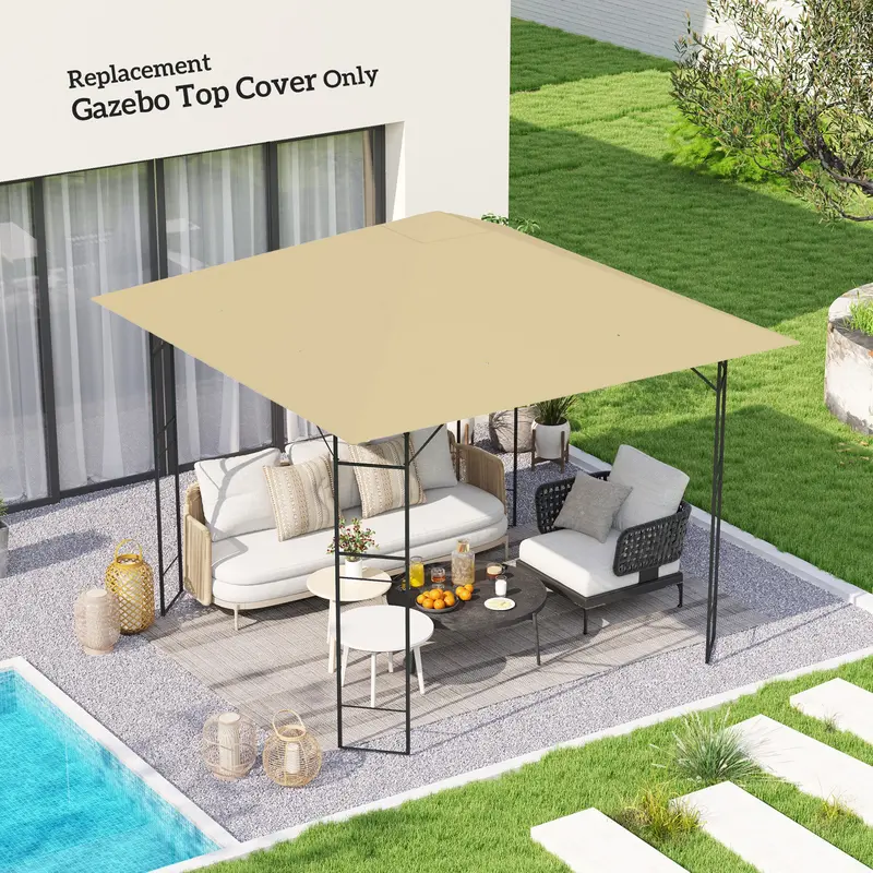 Outsunny 3 x 3(m) Gazebo Canopy Replacement Cover, Garden Gazebo Roof Replacement with Drain Holes, Water Resistant PVC Coating, 370g/㎡, UPF30+, TOP COVER ONLY, Beige 1