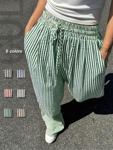 【Plus Size】Striped Print Straight Leg Pants, Elegant Fashion Casual Trousers for Daily Outdoor Wear, Women Plus Clothing for Summer