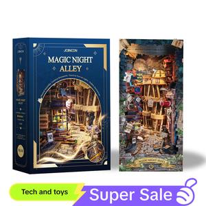 Magic Night Alley 3D Book Nook with Dust Cover, 1 Box DIY Wooden Bookshelf Insert DIY Miniature Kit, Bookend Stand with LED Light, Desktop Ornament for Home Office Decor