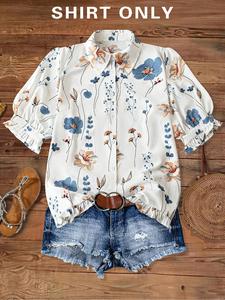 【Plus Size】 Floral Print Curved Hem Shirt, Button Down Blouse, Casual Short Sleeve Collared Top for Daily Wear, Women's Plus Clothing for All Seasons, Blouse