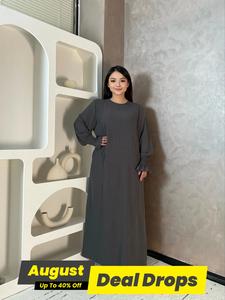 Women's Plain Shirred Flounce Sleeve Zipper Back Dress, Casual Fit Comfy Longsleeves Round Neck Maxi Dress for Daily Wear, Ladies Clothes for All Seasons, Modesty Womenswear, Classy Modest Dresses, Casual Fashion Dress, Formal Fit Dress
