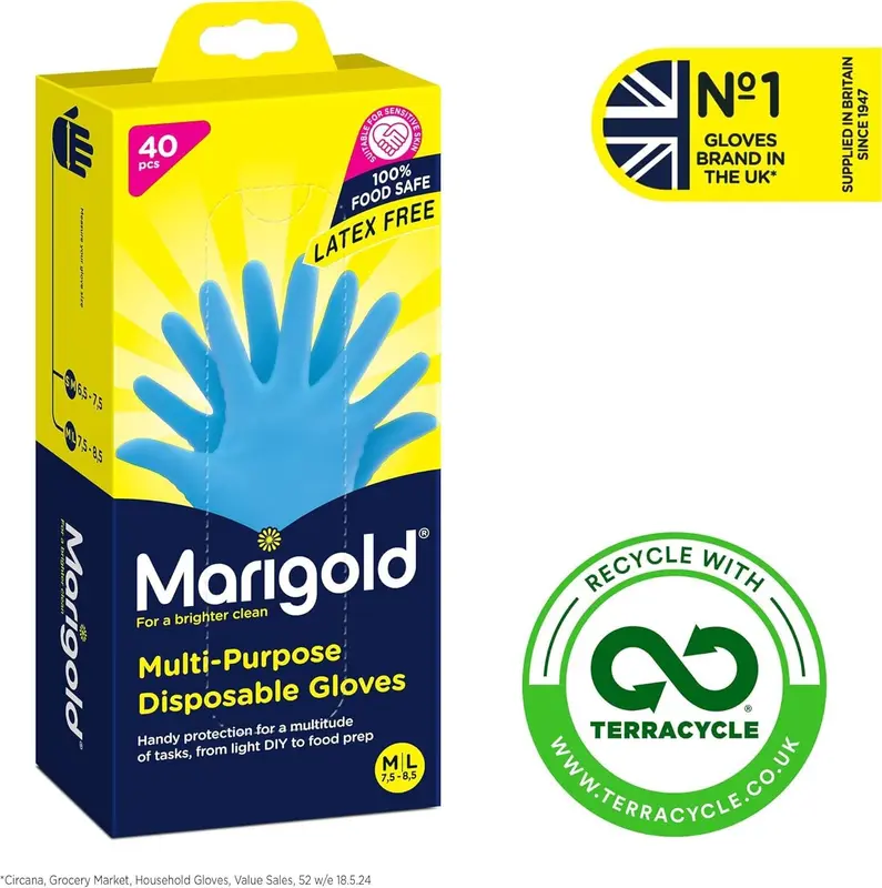 Marigold Disposable Gloves | Powder Free Latex Free, Food Safe | Multi-Purpose Disposable Gloves | Perfect for Safe, Hygienic and Versatile Use | 4 Boxes 160pcs 7